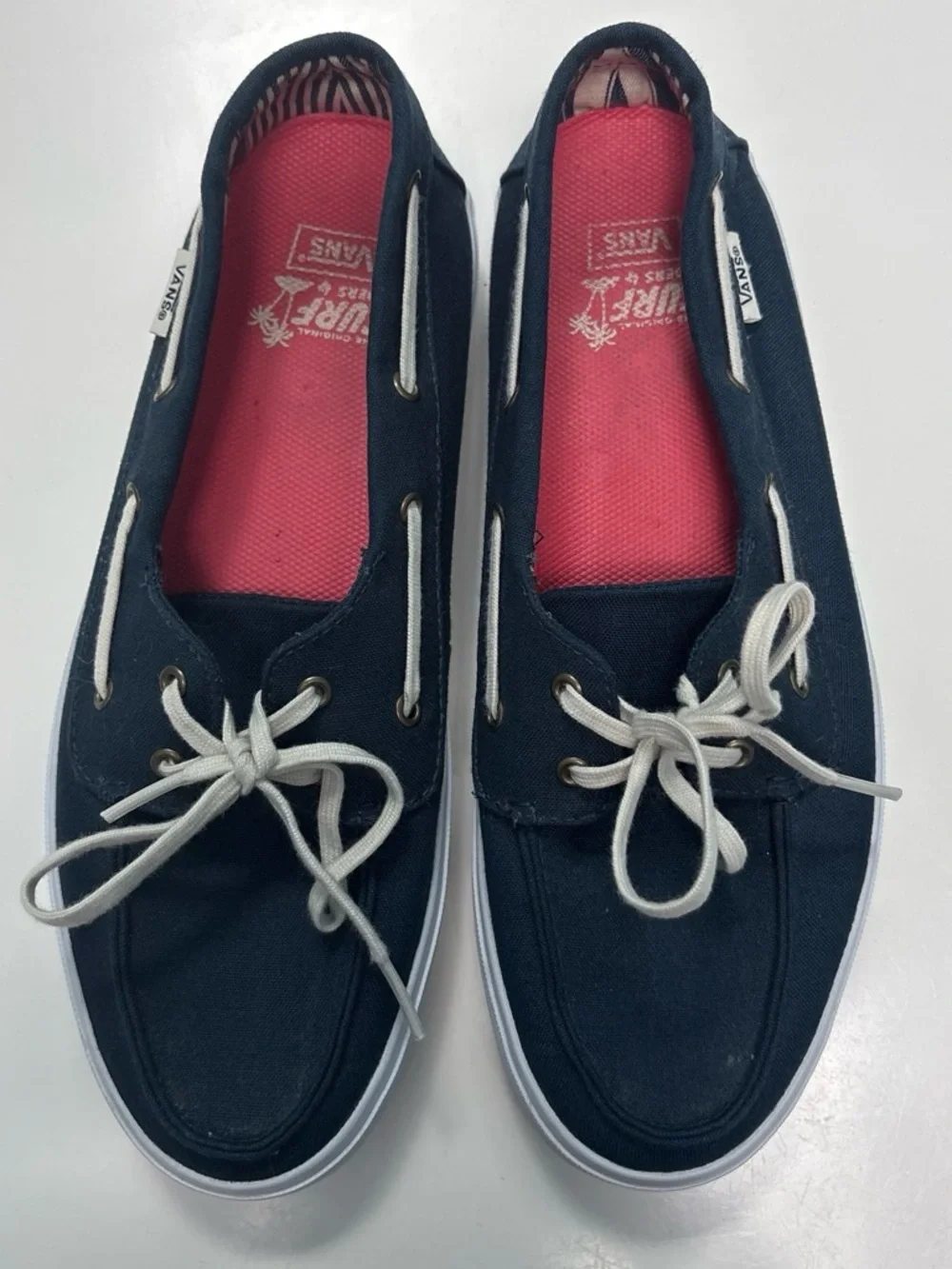 Vans Women’s Navy Canvas Boat Shoes with Pink Insoles